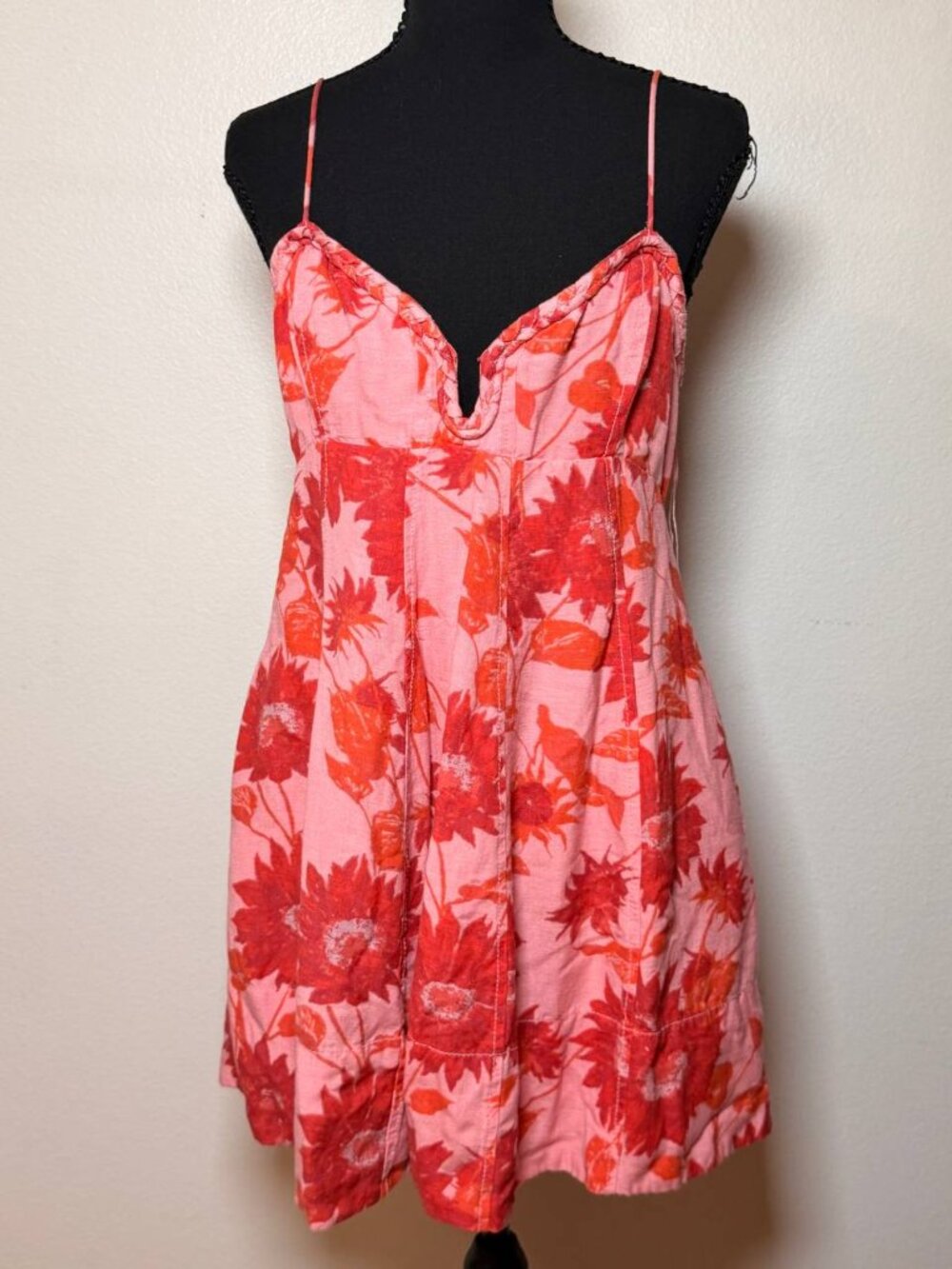 Free People Pink Red Floral Linen Blend Mini Dress Boho Vacation Baby Doll Small